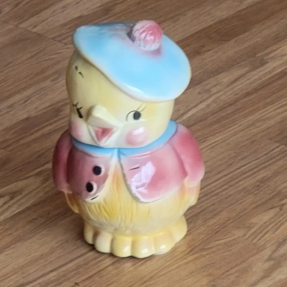Vintage American Bisque Chick Cookie Jar MCM 1950s Chickadee Pink Jacket Kitsch